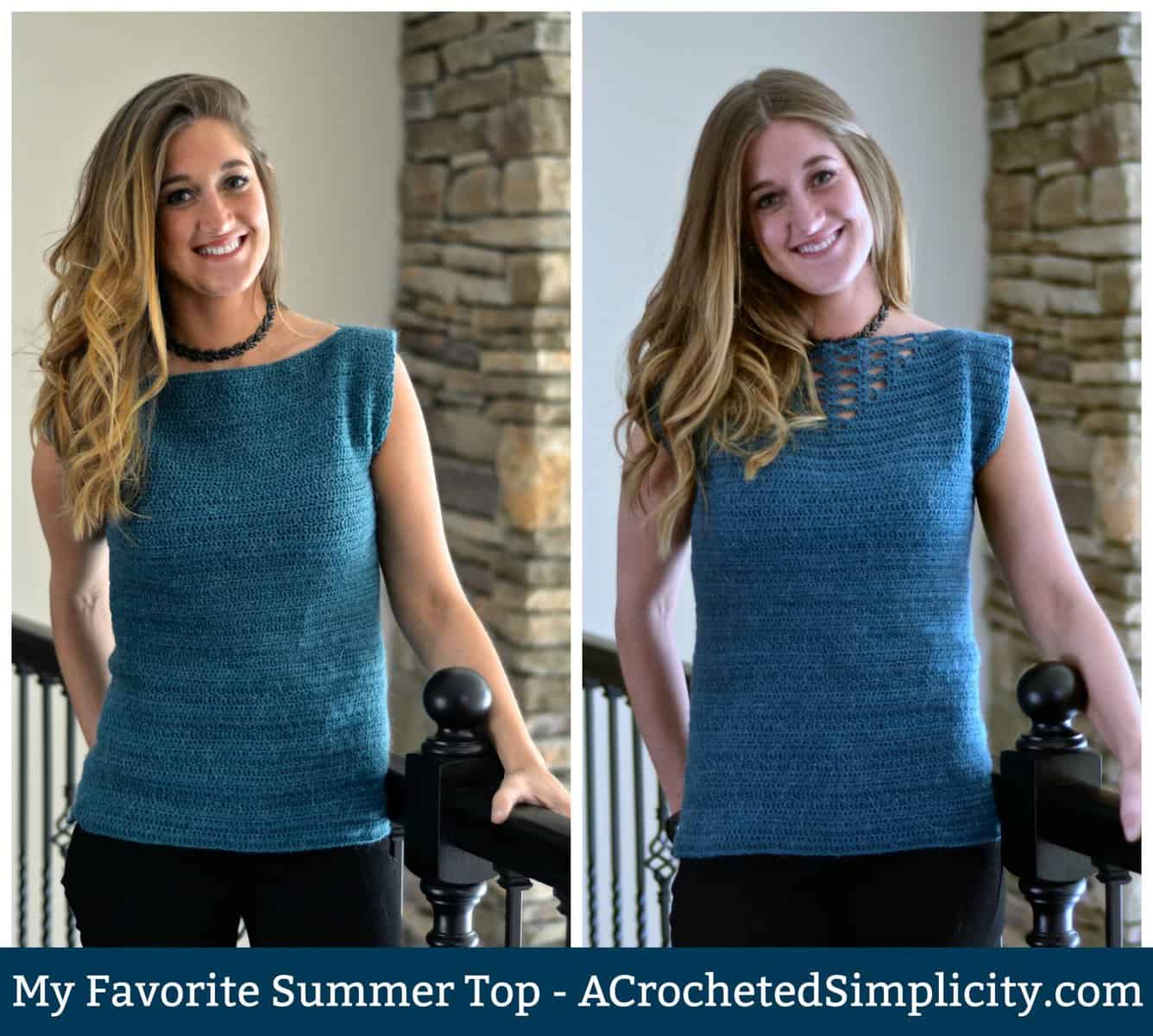 Young woman modeling the front and back of a lightweight summer crochet top.