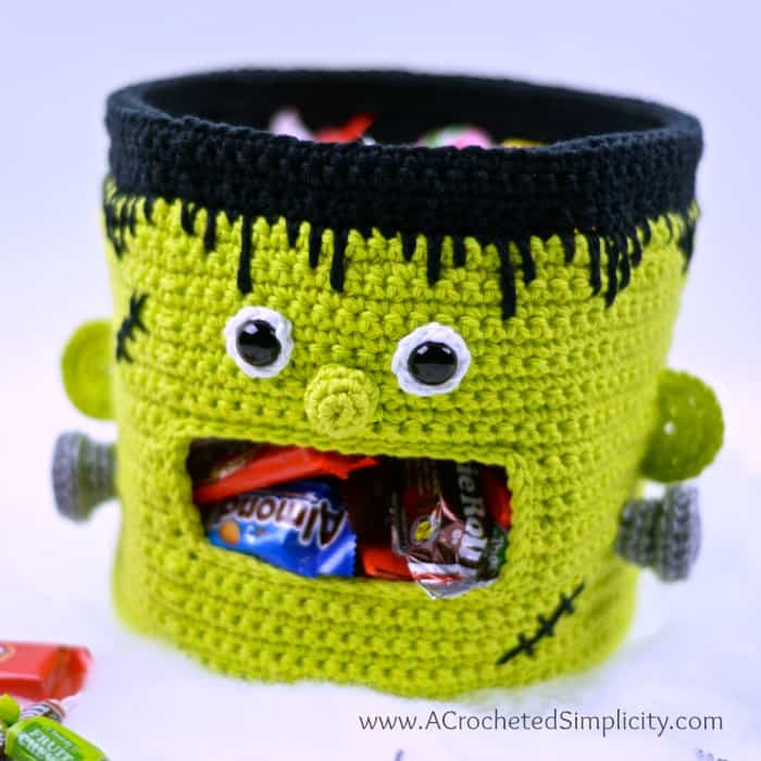 Free Crochet Pattern - Frankenstein Candy Bowl by A Crocheted Simplicity #crochet #freecrochetpattern #frankenstein #halloweencandydish