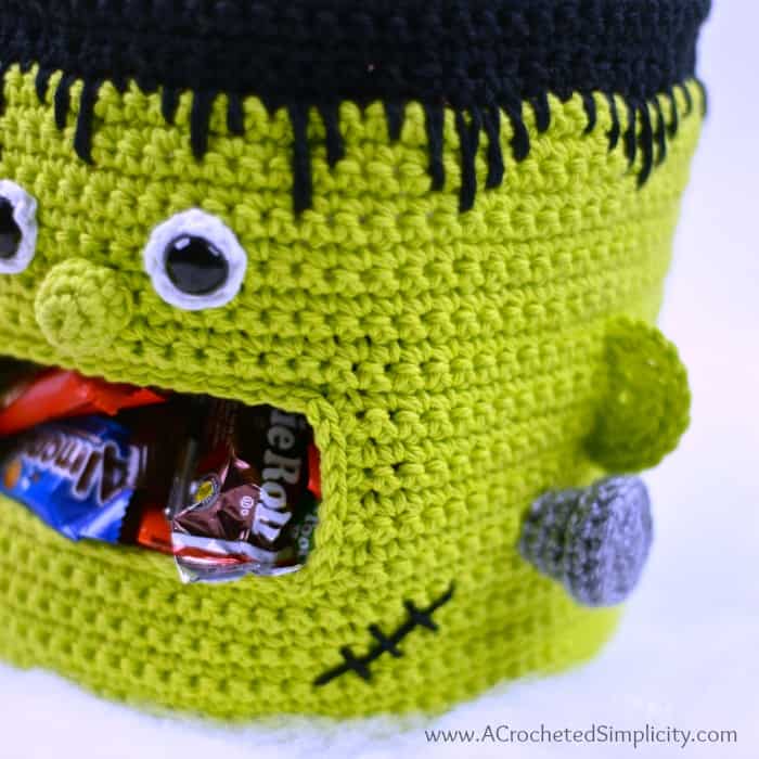 Free Crochet Pattern - Frankenstein Candy Bowl by A Crocheted Simplicity #crochet #freecrochetpattern #frankenstein #halloweencandydish