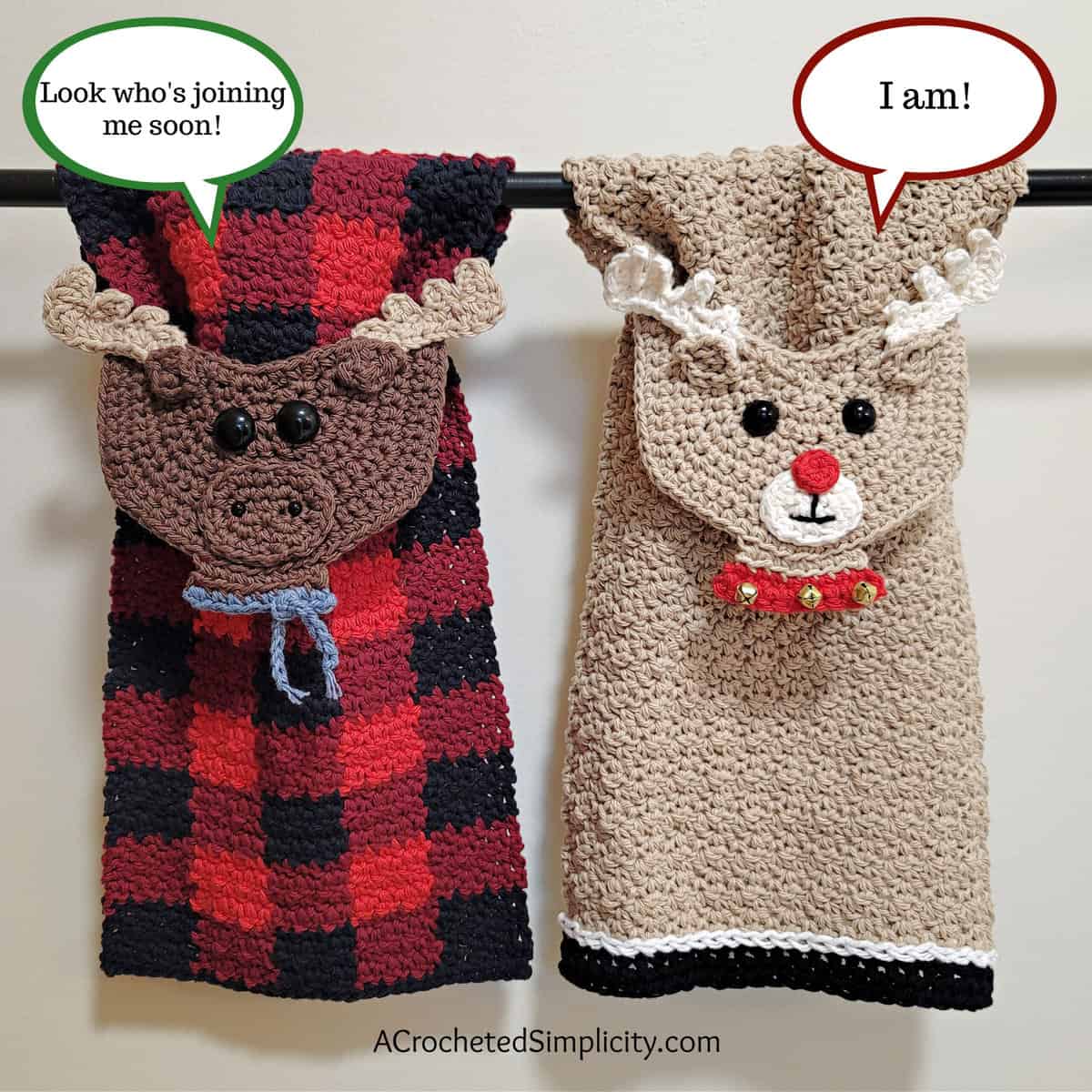 Buffalo check moose and reindeer crochet hand towels hanging on towel bar.