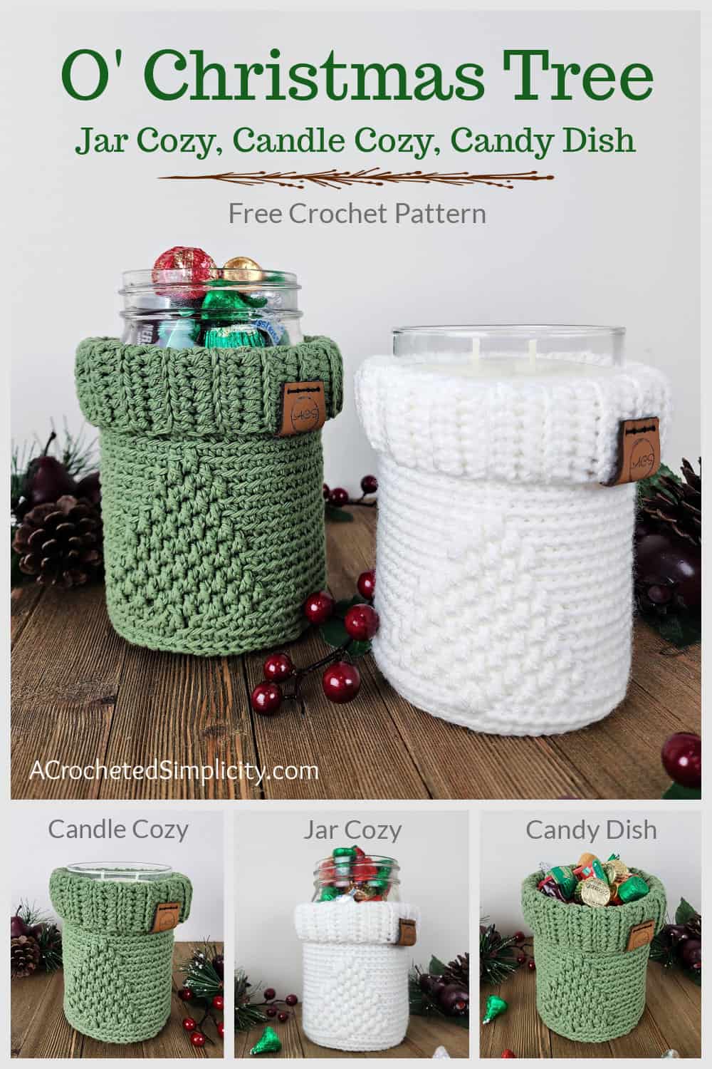 Two crochet mason jar cozies with Christmas trees on them.