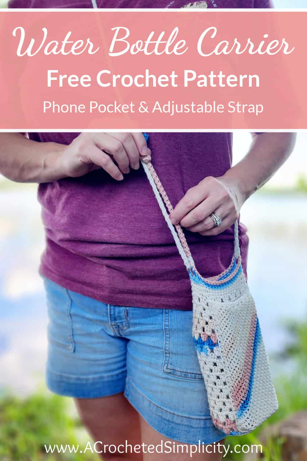 Crochet Water Bottle Holder with Phone Pocket & Adjustable Strap A