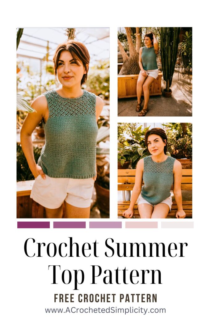 Three different poses of a woman wearing the chantilly crochet summer top in a greenhouse.