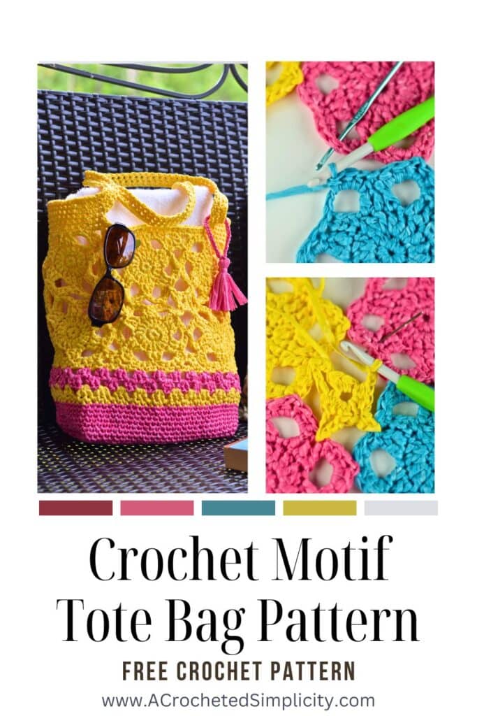 Summer crochet tote bag with sunglasses sitting on a porch swing.