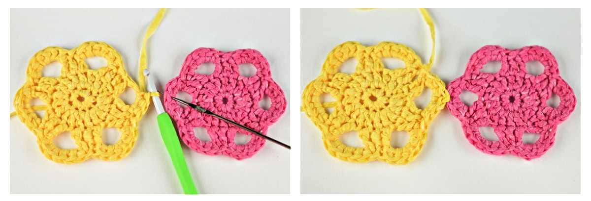 One yellow and one pink flower crochet motif being joined.