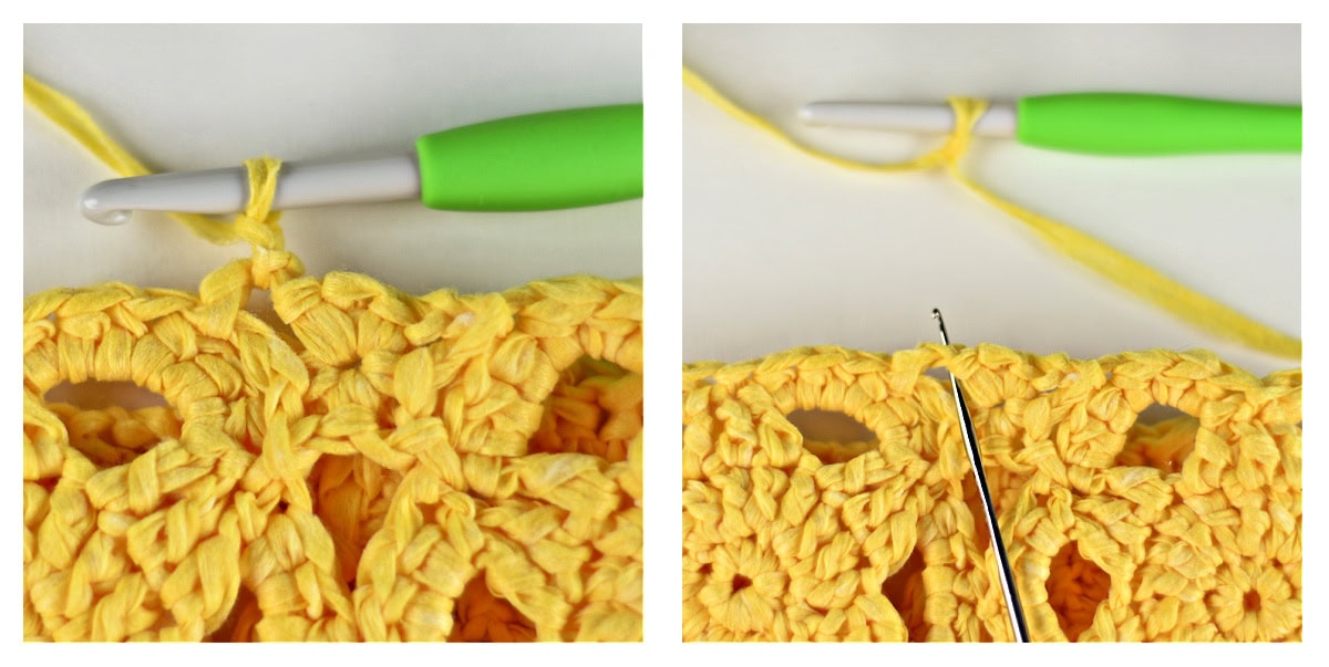 Crochet hooks showing where to attach yarn to crochet an edge on the tote bag.