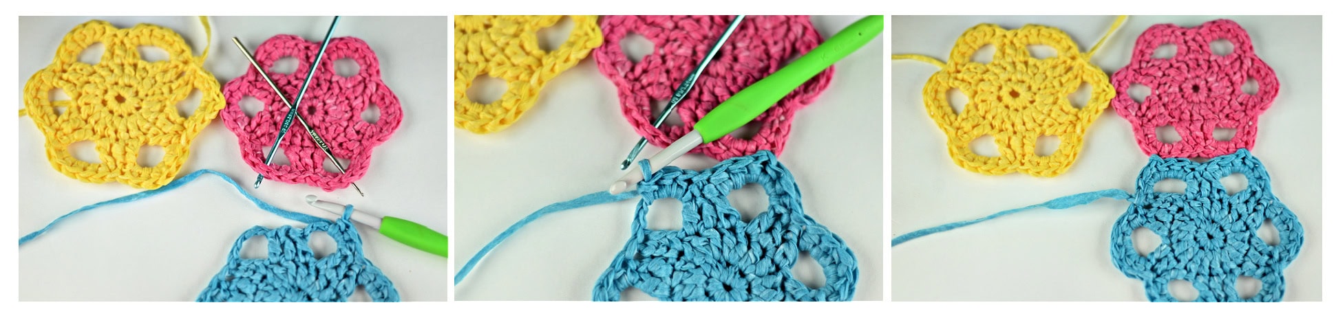 A blue flower crochet motif being joining to a pink one.