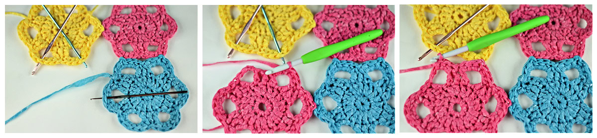 A second pink flower crochet motif being joining to a blue one and yellow one.