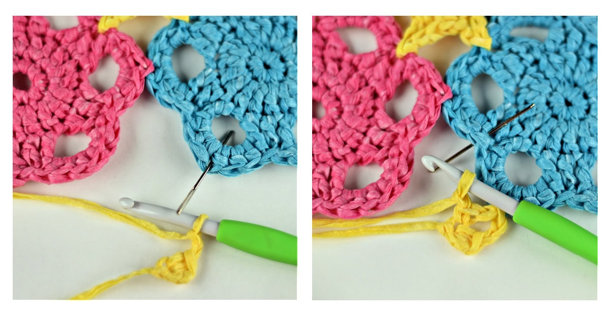 Yarn needs and a crochet hook showing how to create a half start between the flower motifs.