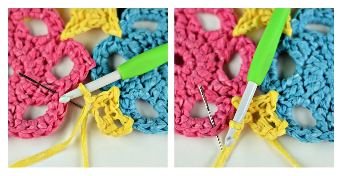 Half crochet star being worked between pink and blue flower motifs.