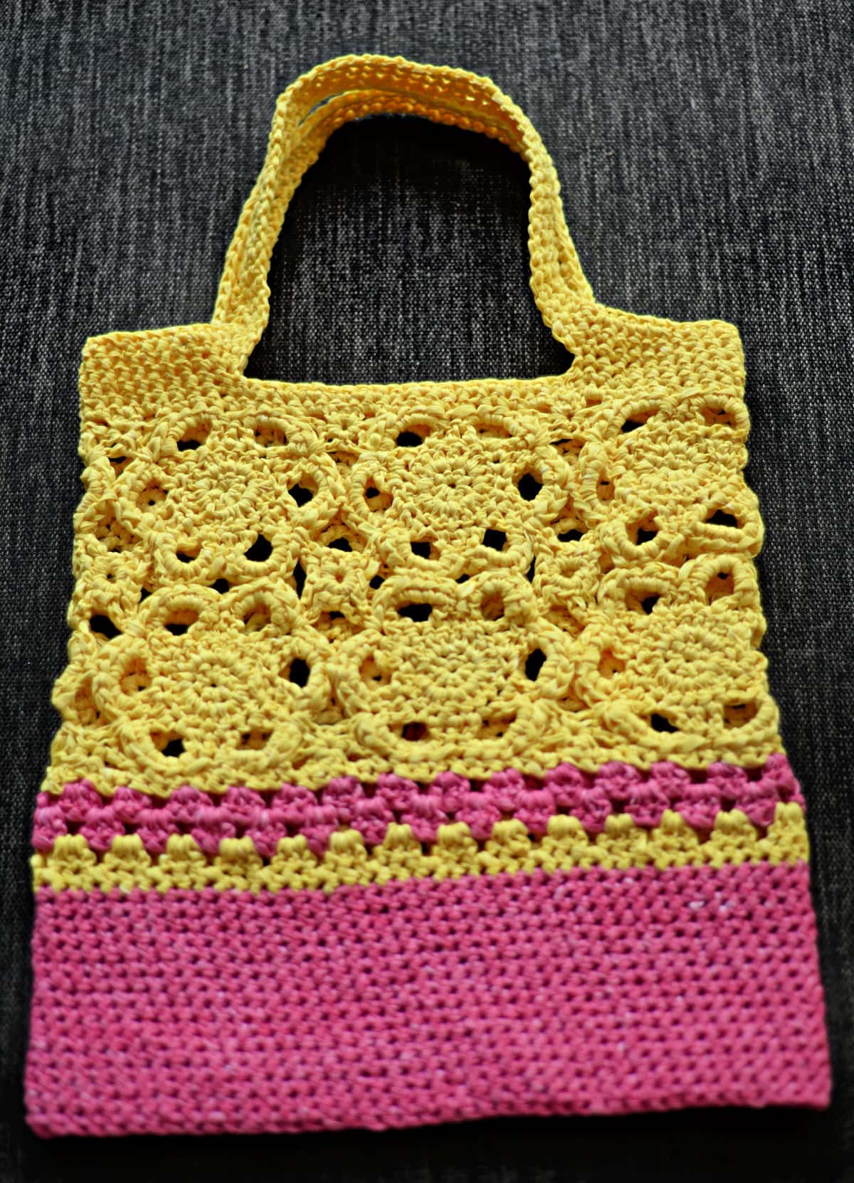 Flower crochet motif tote bag completed and ready for the bottom seam.