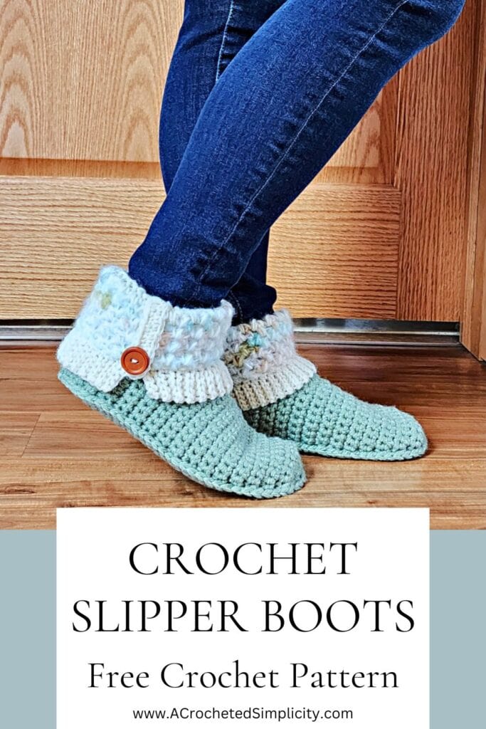 Women's crochet slippers with cuffs and buttons.