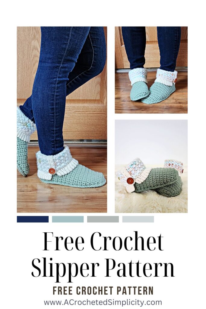 Crochet slipper boots on woman with jean jeggings.