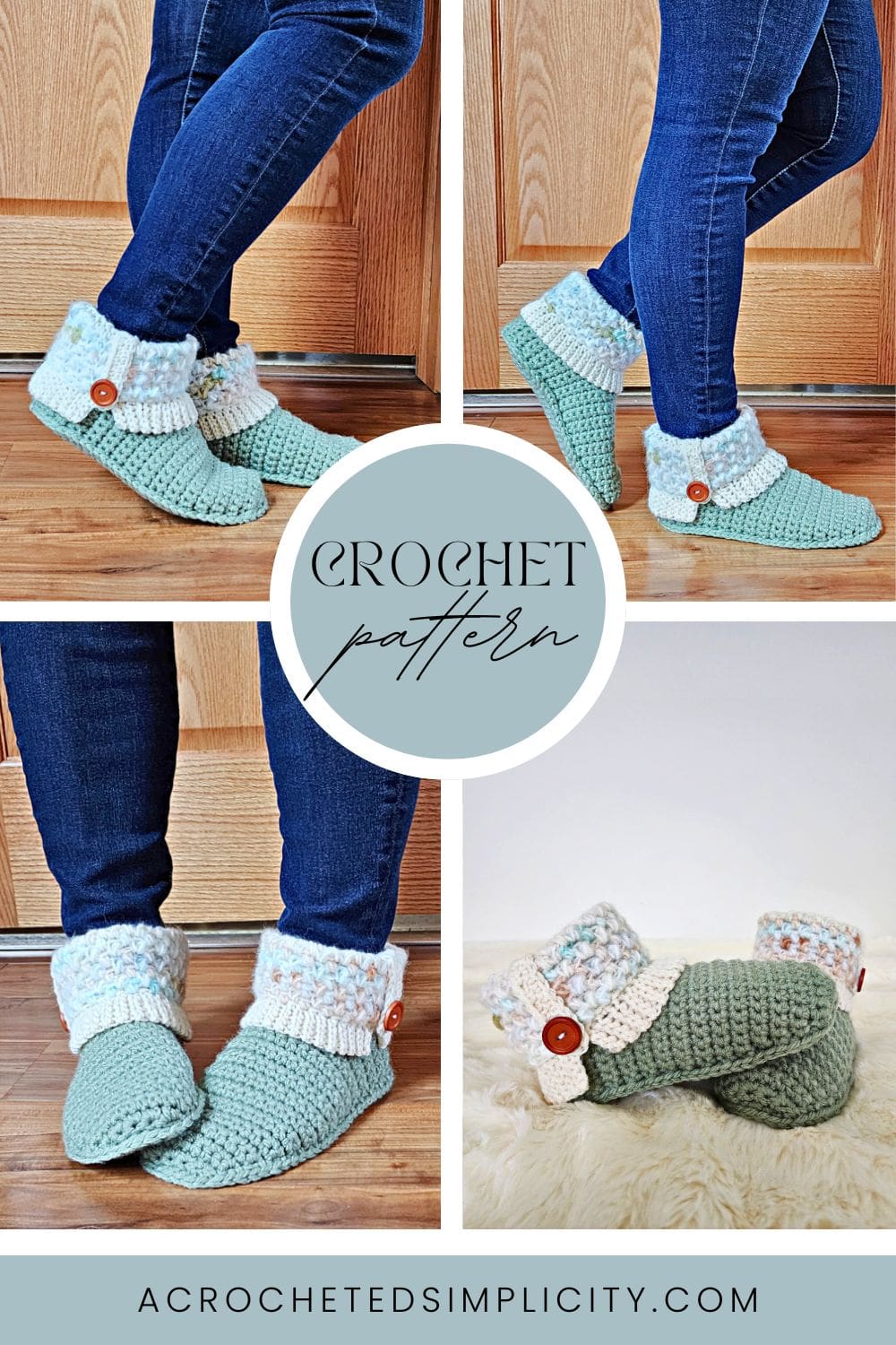 Slipper boots with crochet cuff and buttons.