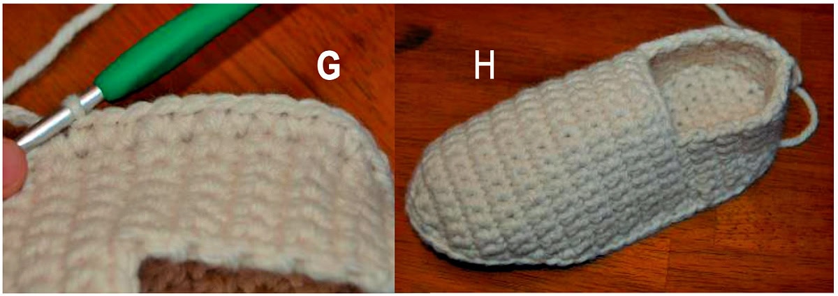 Crochet sole joined to the foot of a slipper boot.