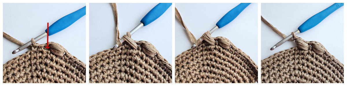 A photo tutorial showing a second diagonal crochet puff stitch made.