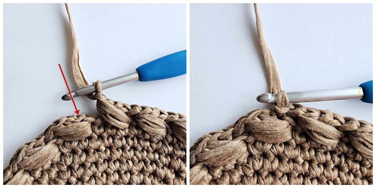 Photos showing how to join a round of slanted crochet puff stitches.