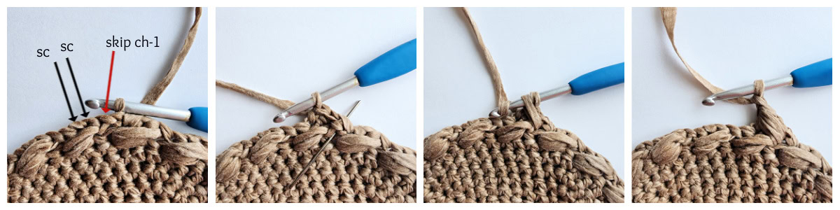 A photo tutorial showing how to crochet a braided crochet stitch.