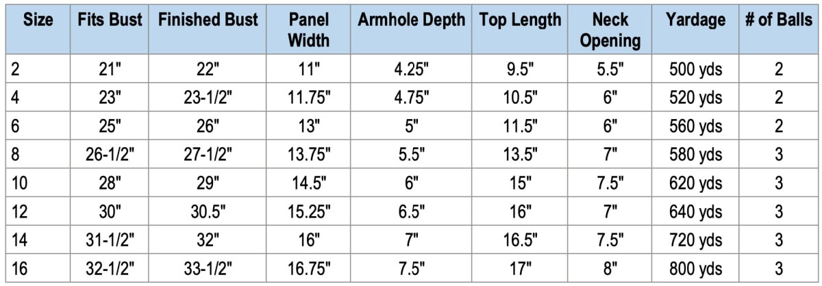 Size chart for girls crochet top.