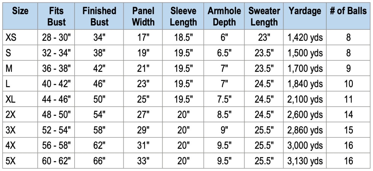 Crochet sweater size chart for women's cowl neck crochet pullover sweater.