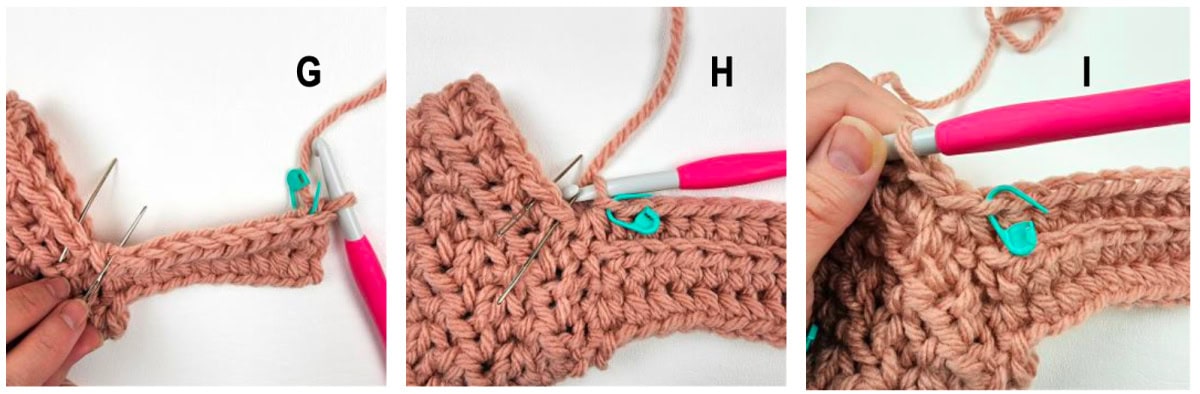 A few rows of a crochet cowl worked in pink.