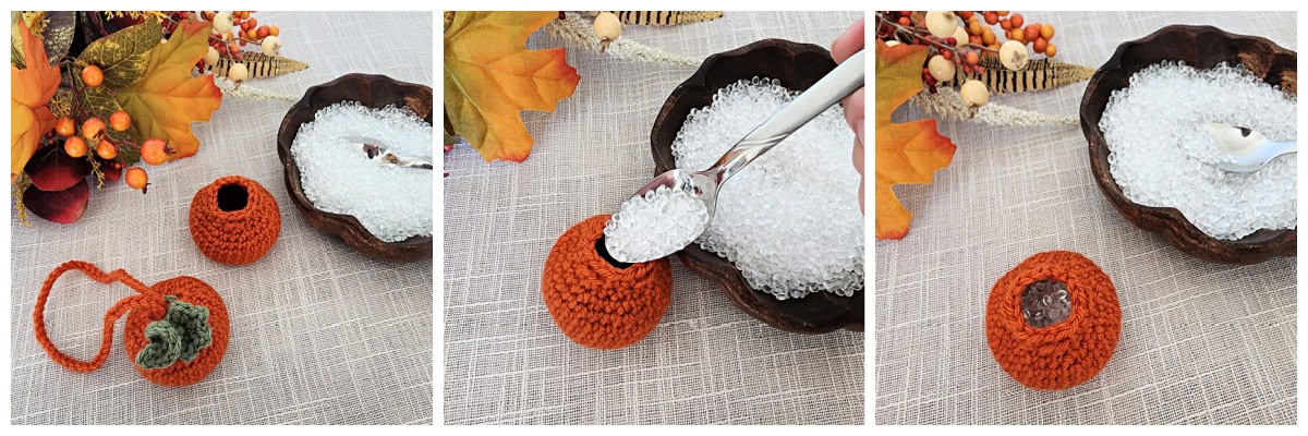 The photos showing how to add aroma beads to a pumpkin crochet vent clip.