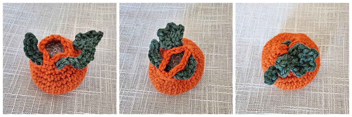 Photos showing how to add the tendril and pumpkin leaf to the top of the crochet pumpkin sachet.