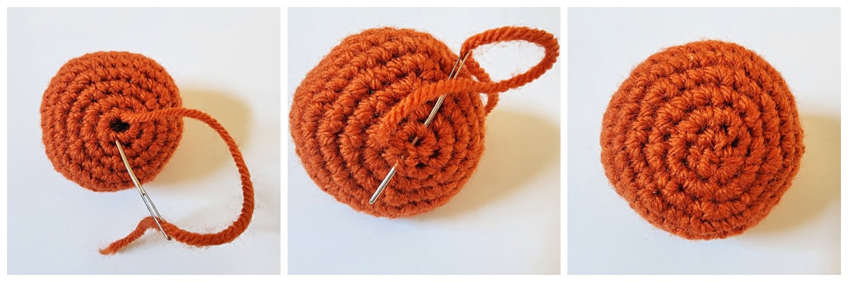 A set of three photos showing how to close the hole in the bottom of a crochet pumpkin.