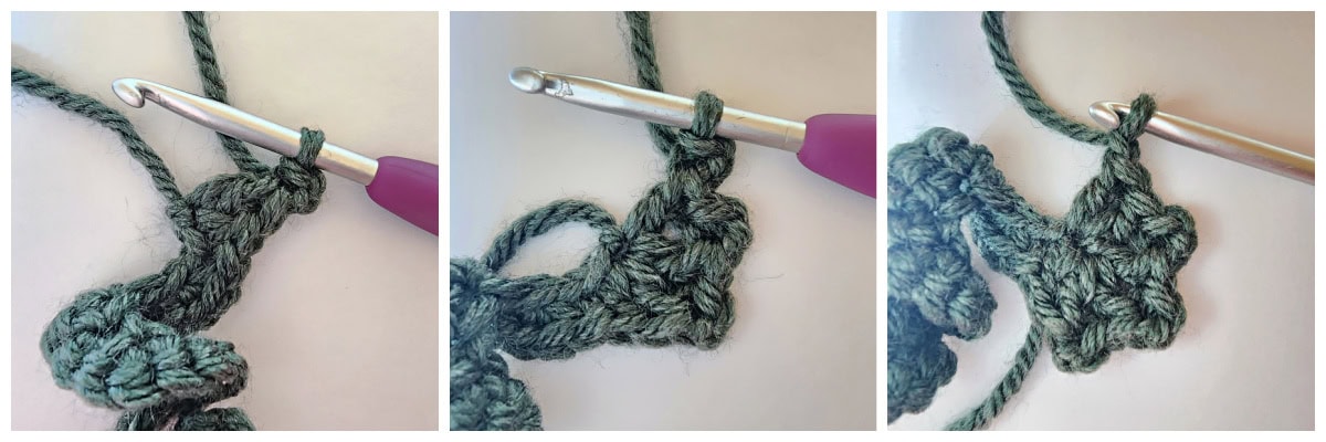 Crochet tendril with a crochet pumpkin leaf being attached to it.