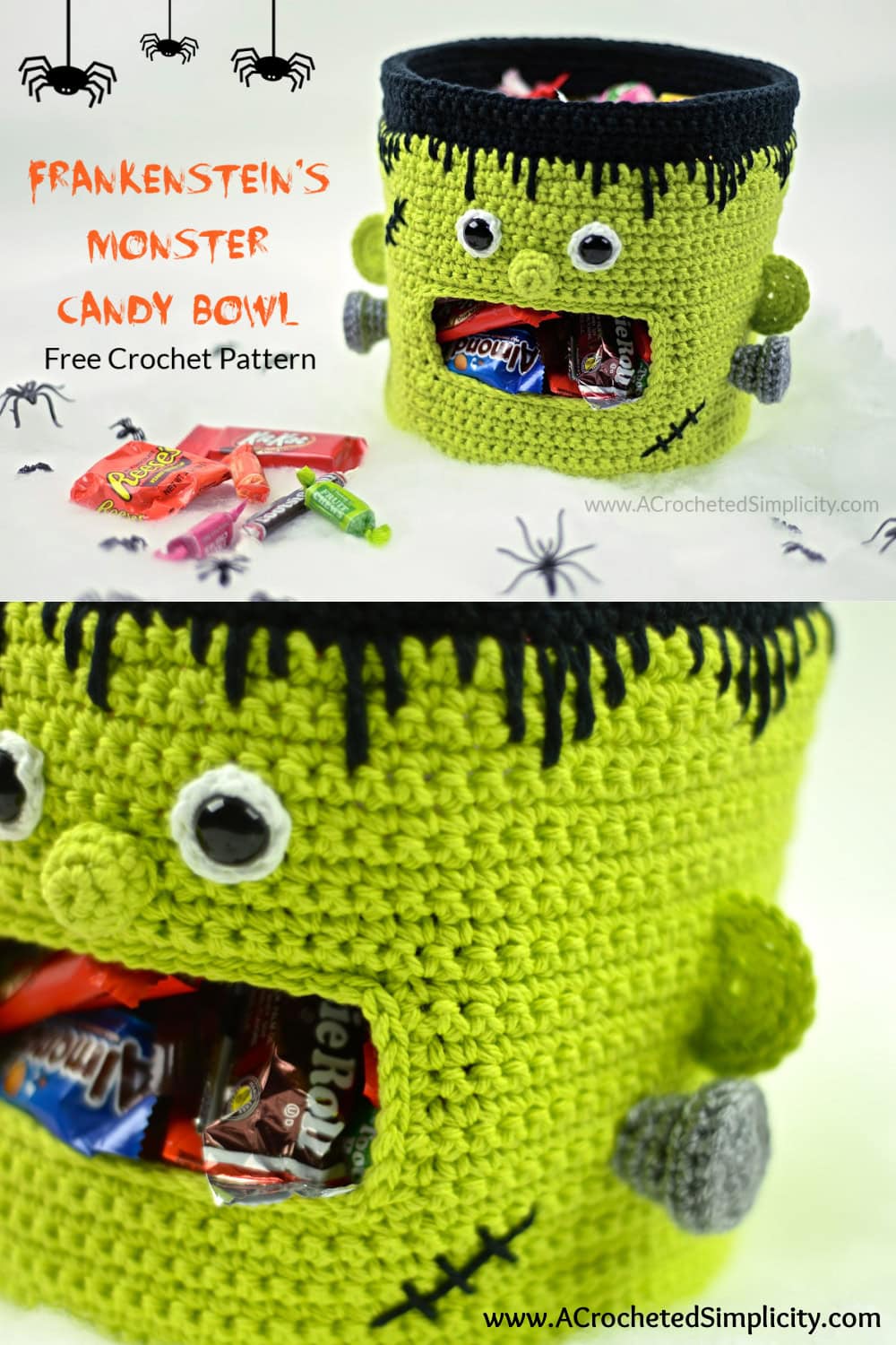 Frankenstein's Monster crochet candy bowl full of Halloween candy.