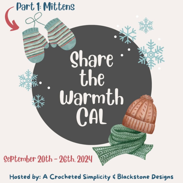 Share the Warmth crochet along graphic with cartoon hat, scarf, and mittens.