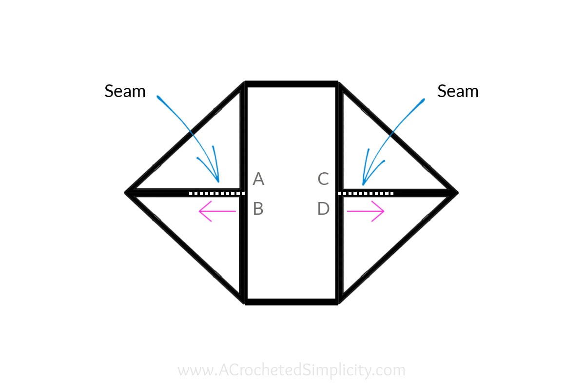 This sketch shows how to fold the corners on a crochet cocoon sweater.