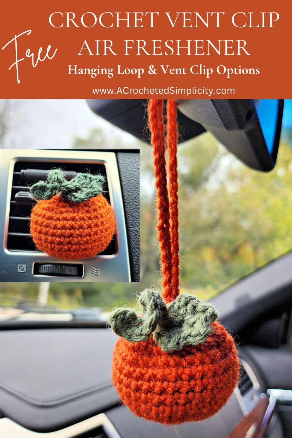 A photo of two crochet pumpkins, one crochet car vent clip air freshener and one hanging crochet pumpkin car charm.