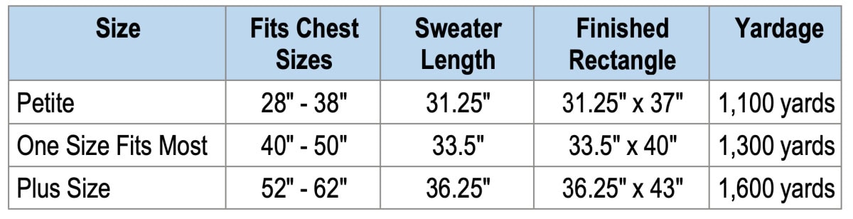 Crochet cocoon cardigan measurements and yardage chart.