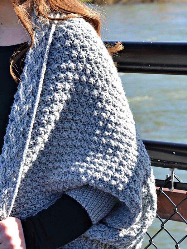 A close-up photo of the front of the crochet cables on the crochet cocoon sweater.