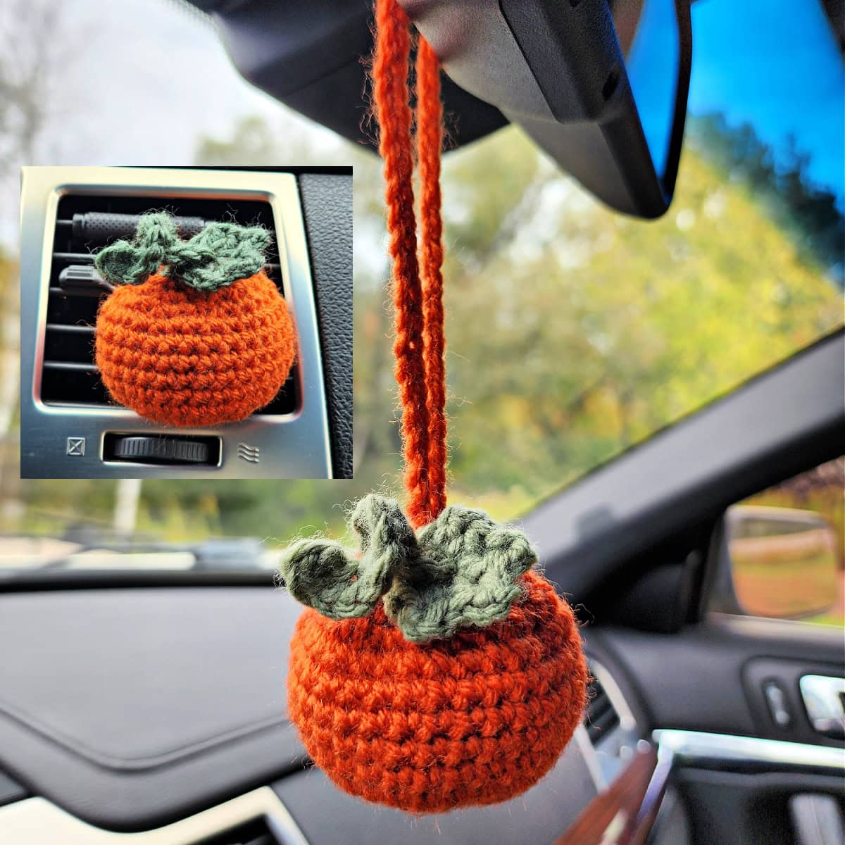 Crochet pumpkin car charm and crochet car vent clip air freshener shown in car.