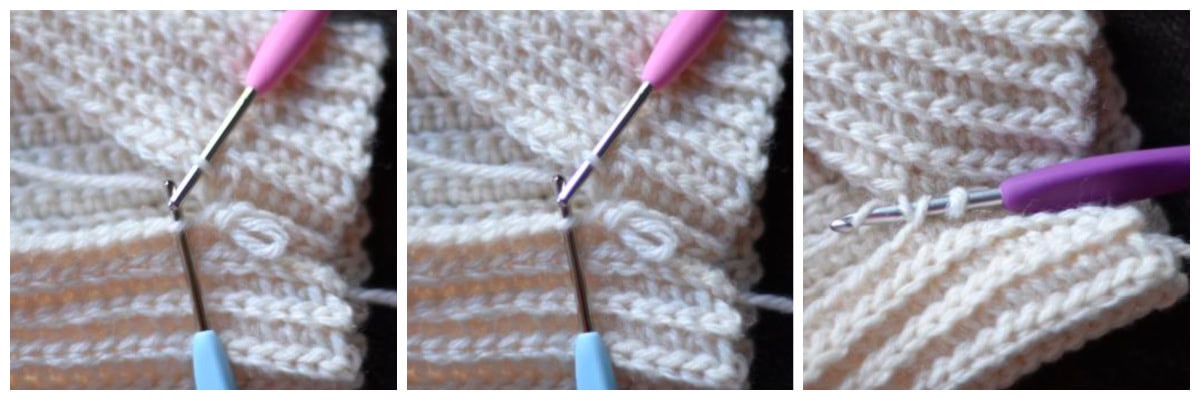 Three images showing how to insert your crochet hook to create the slip stitch seam.