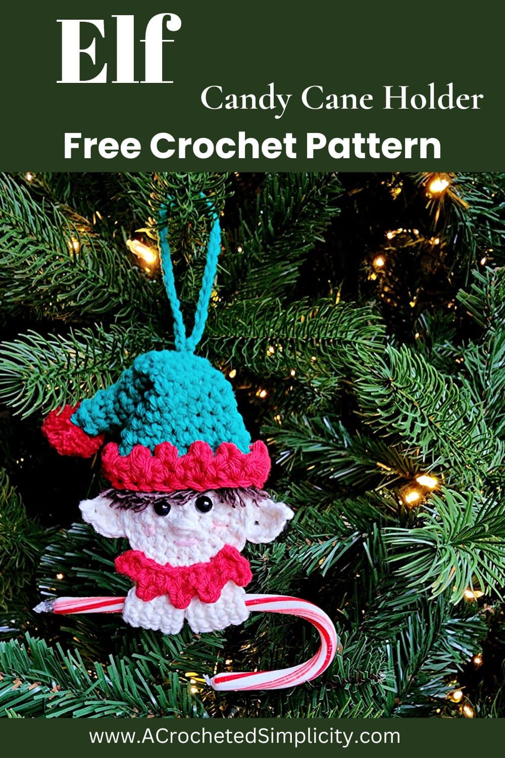 Elf crochet ornament with a red and white candy cane hanging on a Christmas tree.