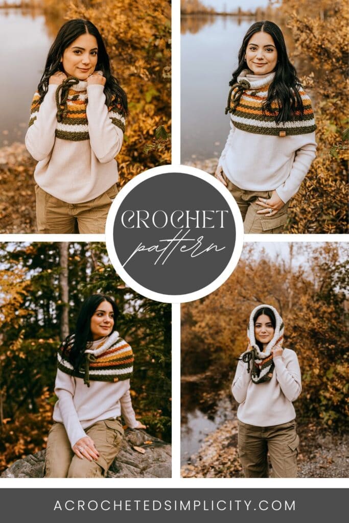 Young girl wearing a crochet cowl pattern four different ways outside with fall background.