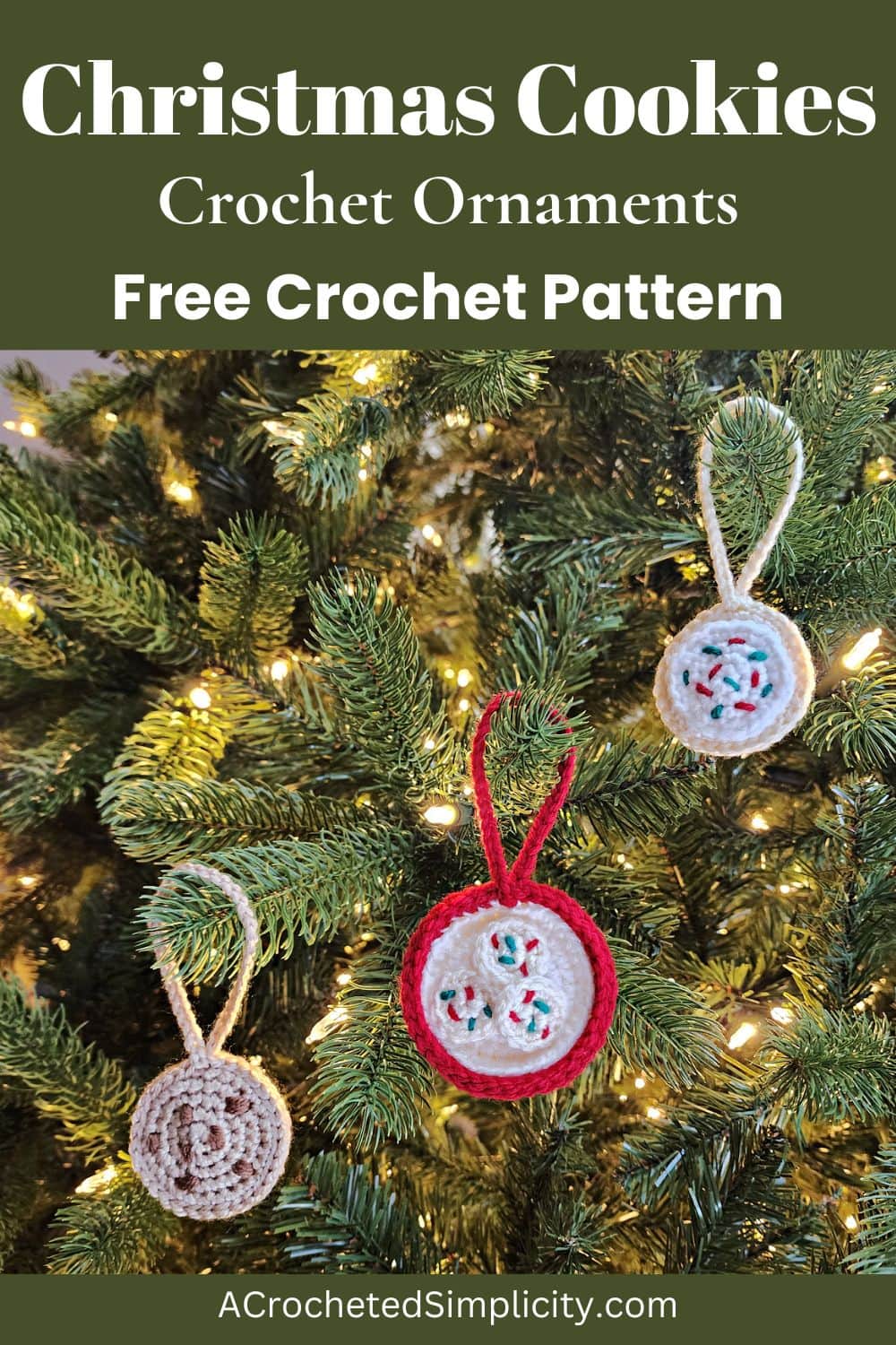 Three different Christmas cookie crochet ornaments hanging on a lit tree.