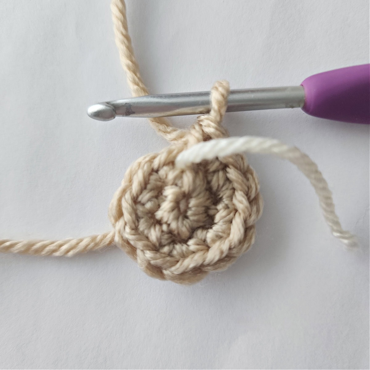 Small brown crochet circle with a purple crochet hook.