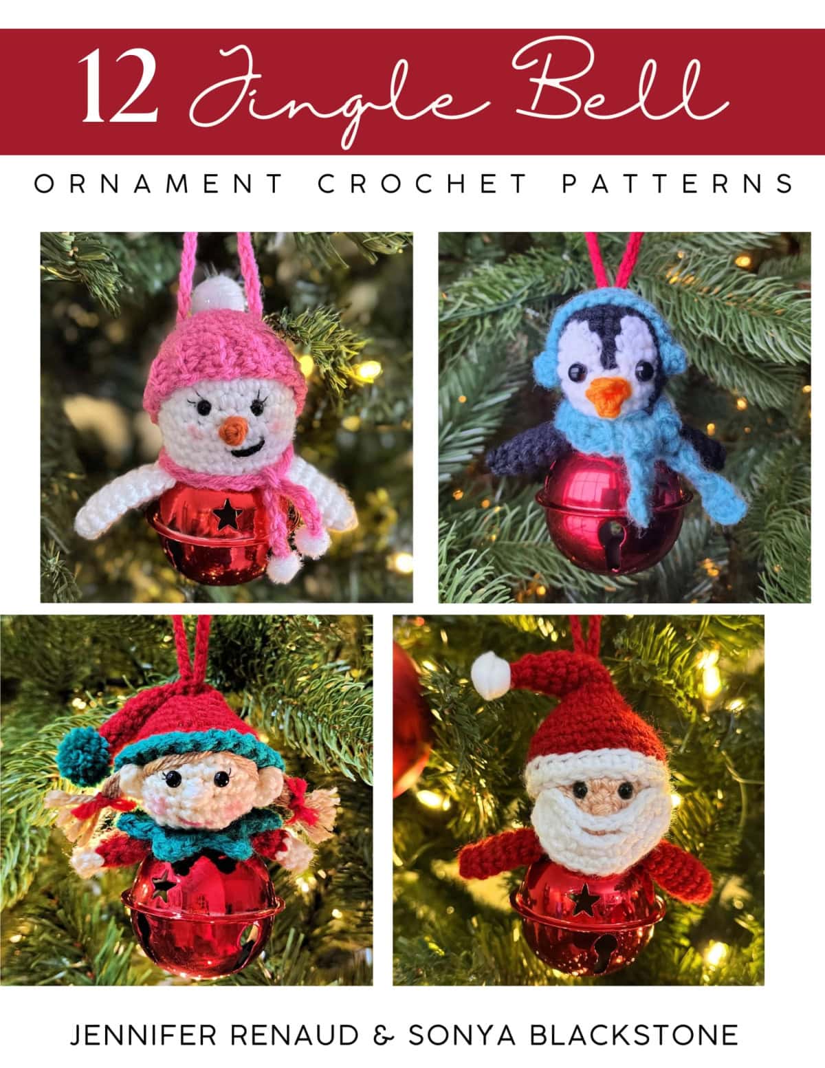 Crochet pattern ebook cover with four jingle bell crochet patterns shown.