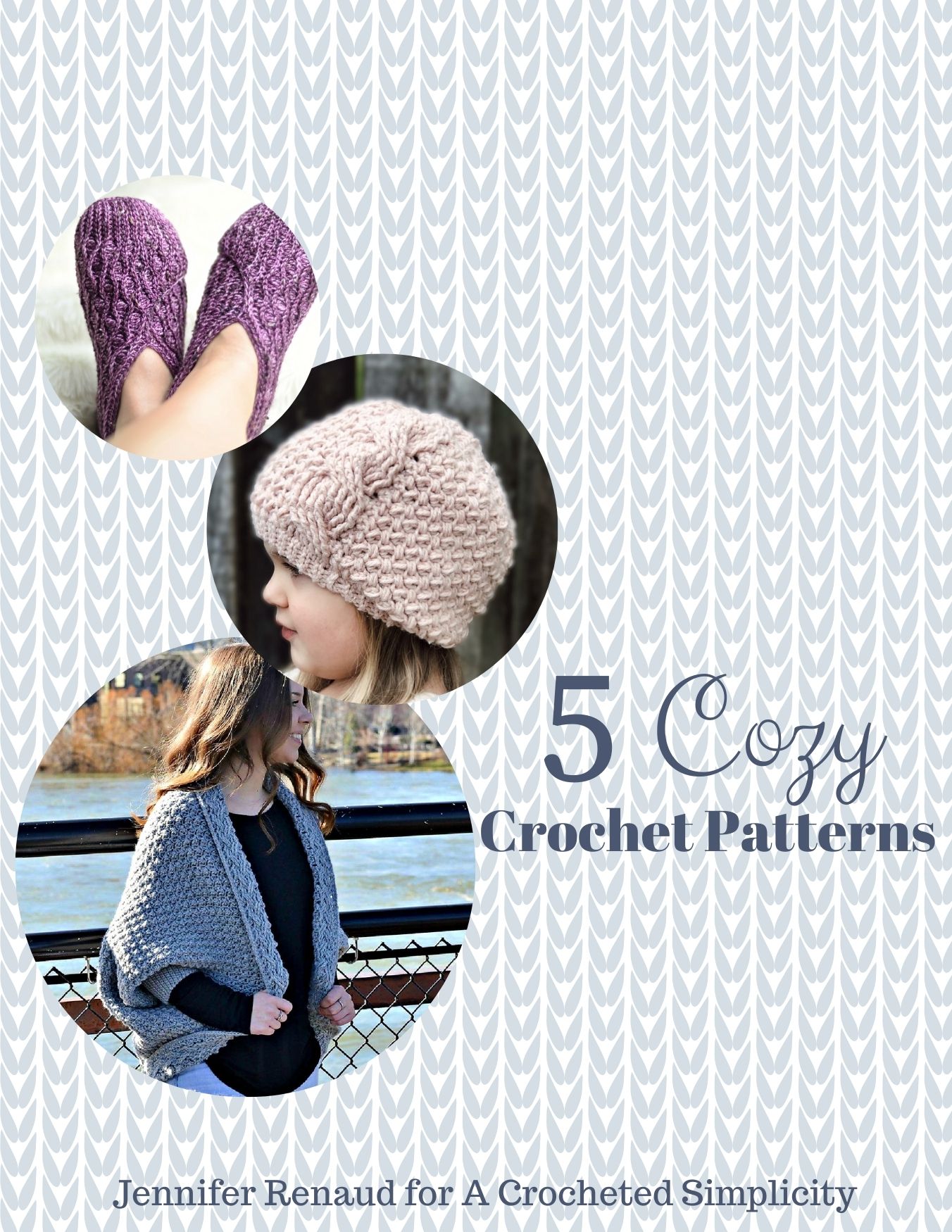 5 cozy crochet patterns ebook cover page.