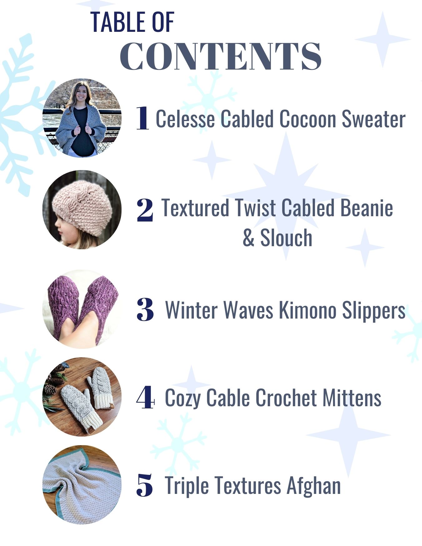 Table of contents for 5 cozy crochet pattern ebook.