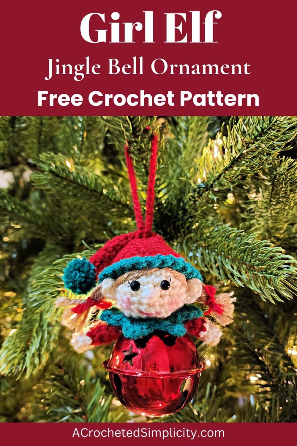 A cute little crochet girl elf jingle bell ornament hanging on a Christmas tree.