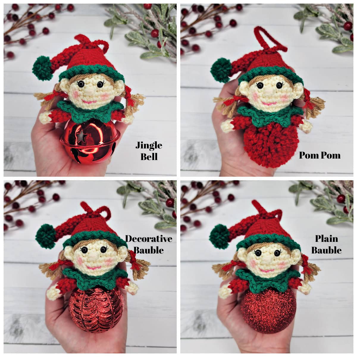 A photo collage showing different options for finishing the jingle bell ornaments.