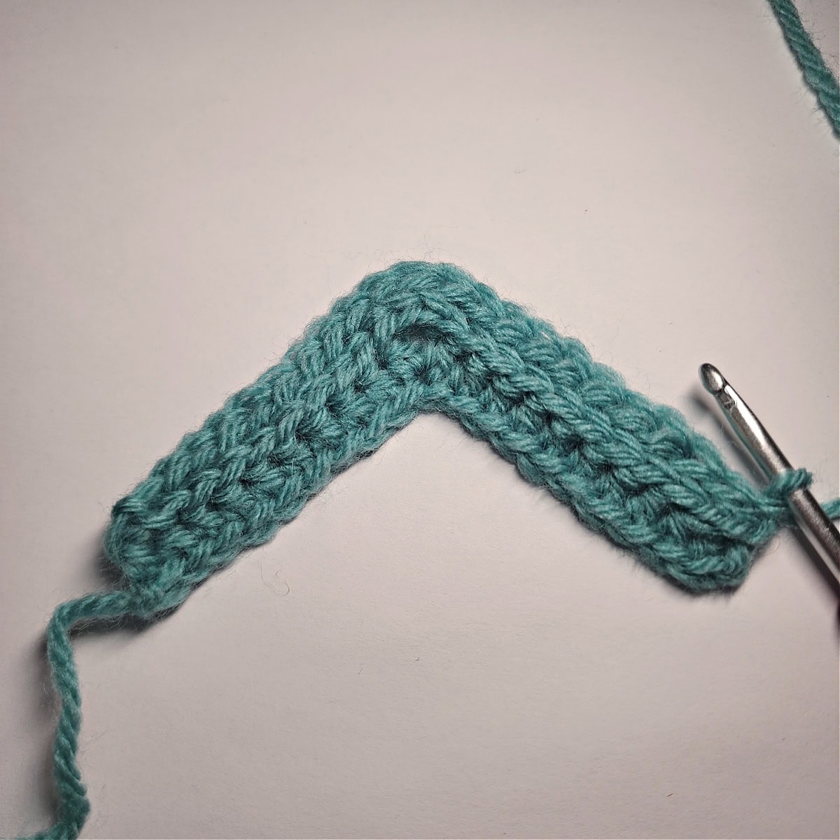 Two rows of the crochet ear warmer complete in a succulent color worsted weight yarn.