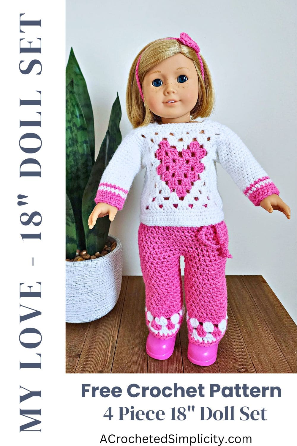 18" doll wearing pink and white doll clothes patterns.