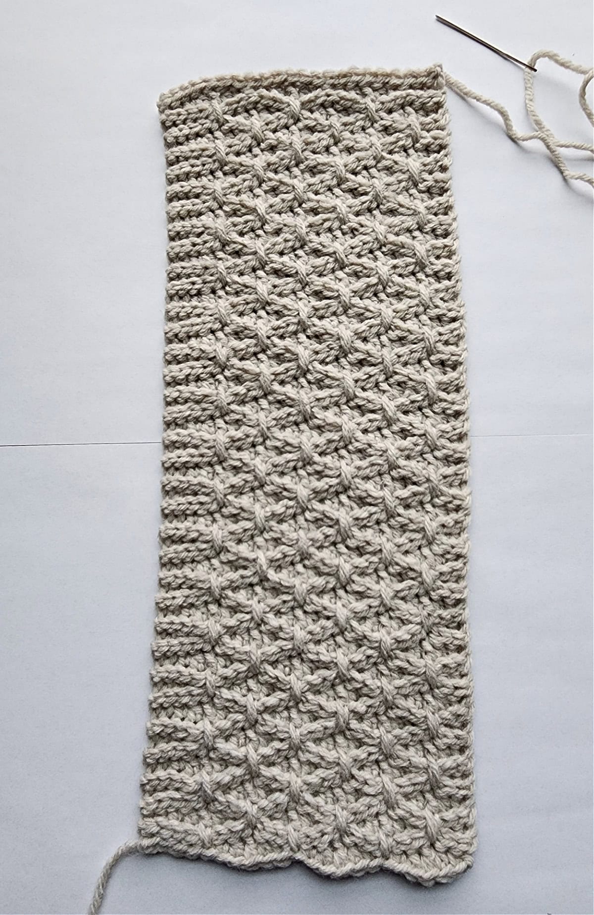 The knit-look crochet slipper cuff is complete and ready to be seamed.