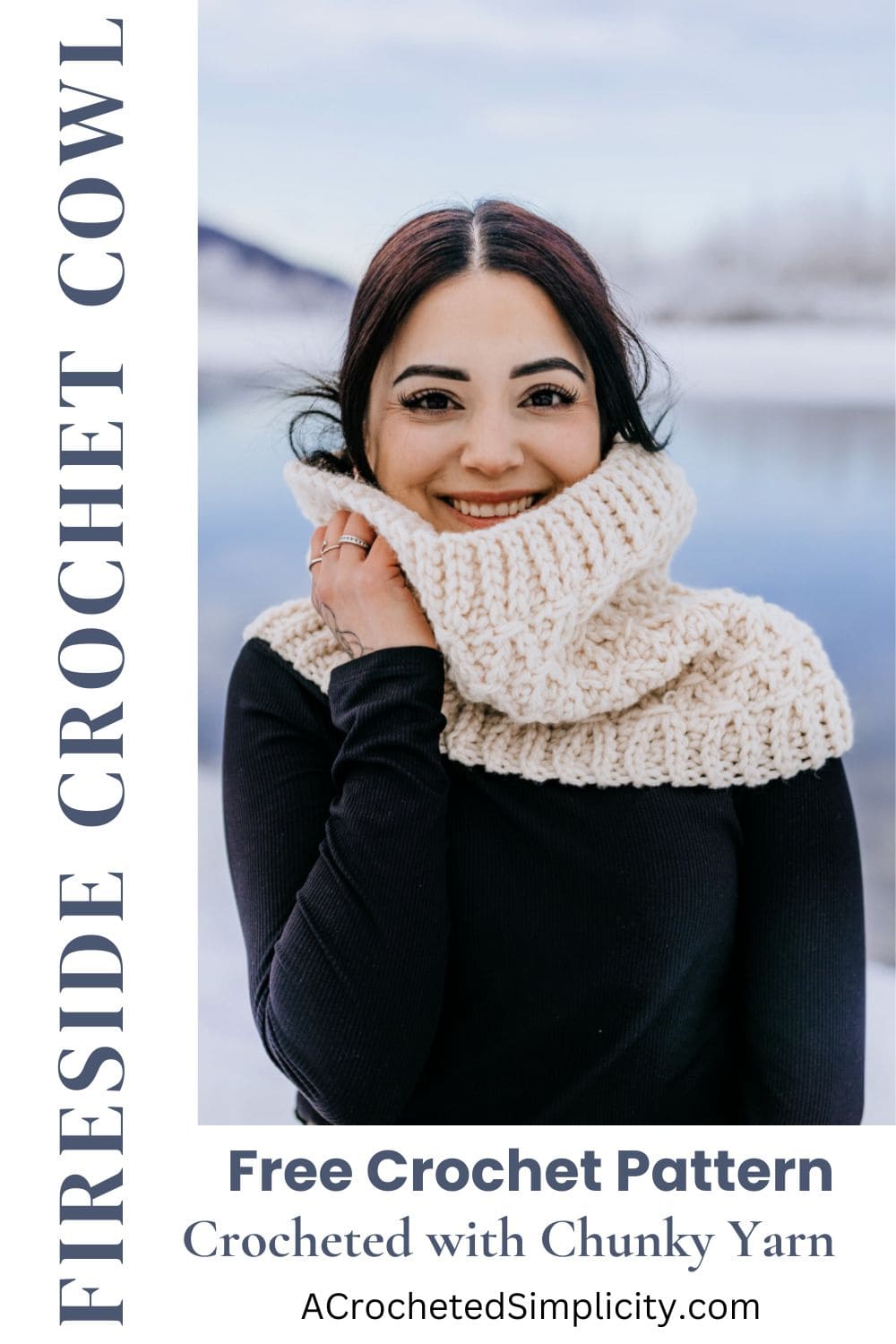 A young women modeling a free crochet cowl pattern made with a chunky yarn.